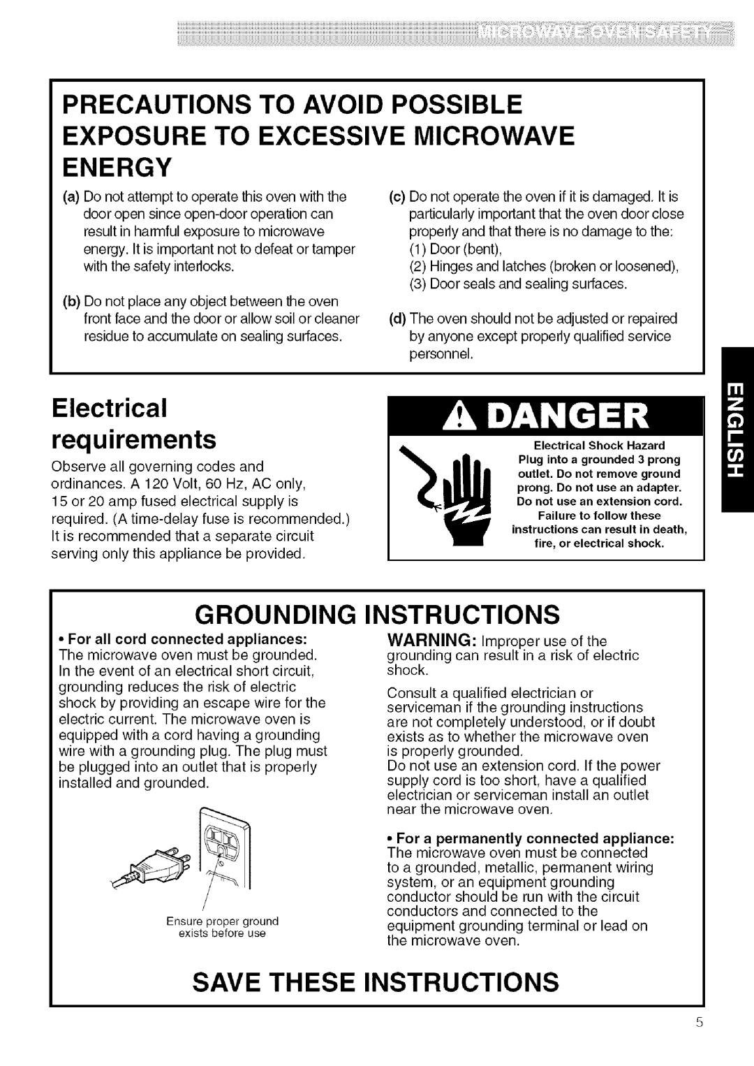 Kenmore 721.80602, 721.80603 Precautions To Avoid Possible, Exposure To Excessive Microwave, Energy, Electrical, Grounding 