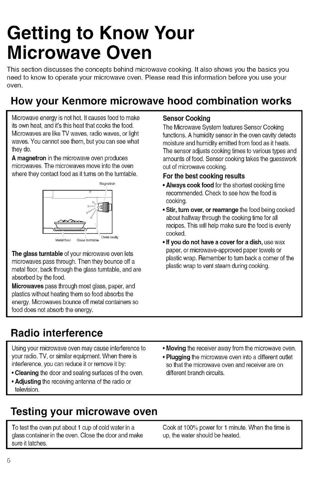 Kenmore 721.80609 manual Testing your microwave oven, How your Kenmore microwave hood combination works, Radio interference 