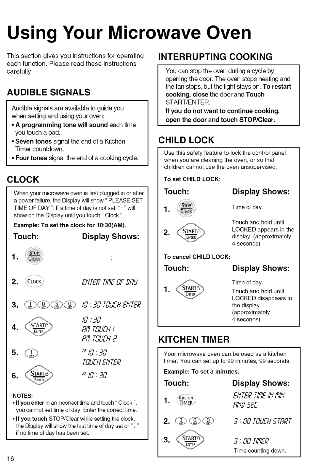 Kenmore 721.80824, 721.80823, 721.80822, 721.80829 Audible Signals, Interrupting Cooking, Clock Child Lock, Kitchen Timer 