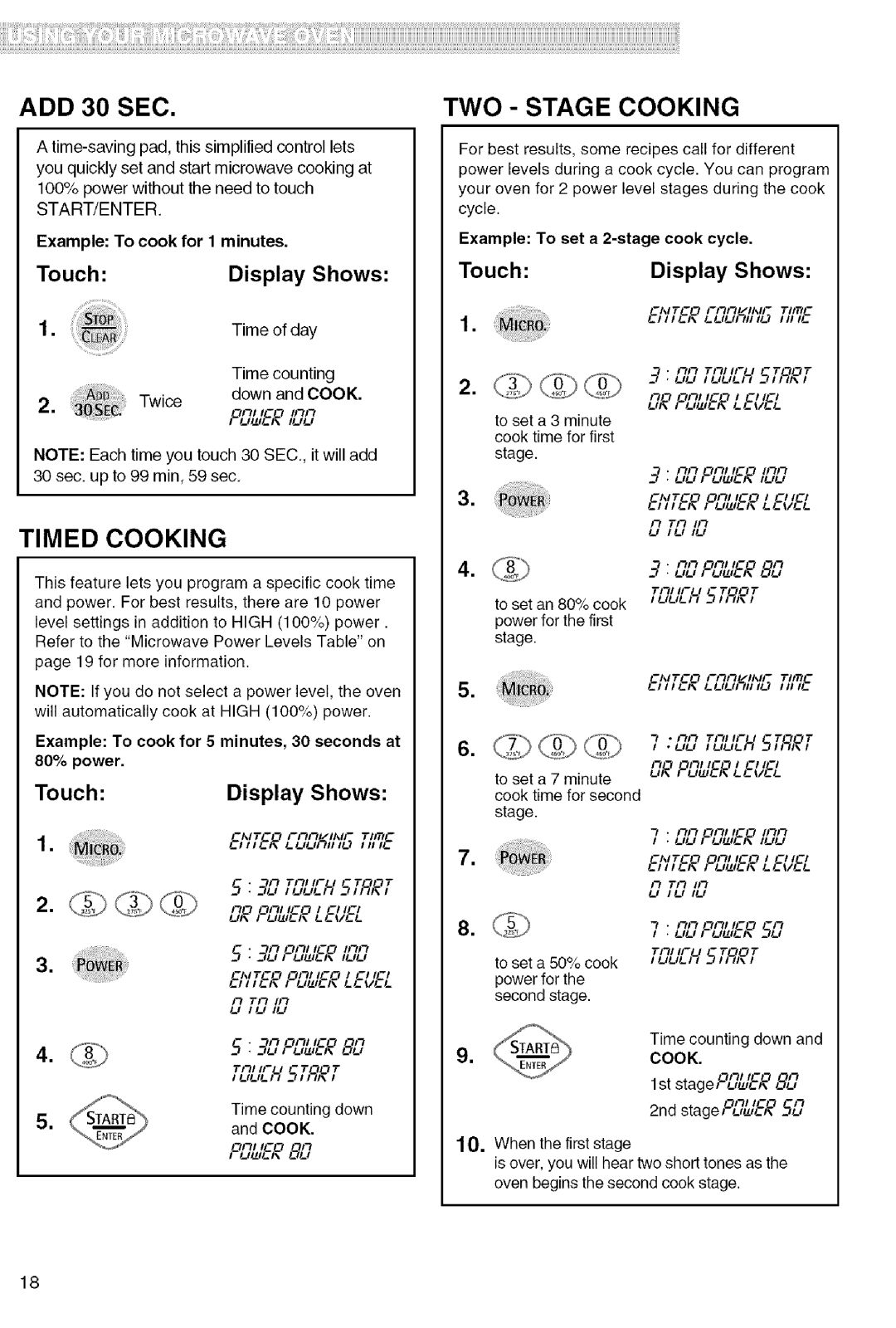 Kenmore 721.80822, 721.80824, 721.80823, 721.80829 manual ADD 30 SEC, Timed Cooking, TWO Stage Cooking 