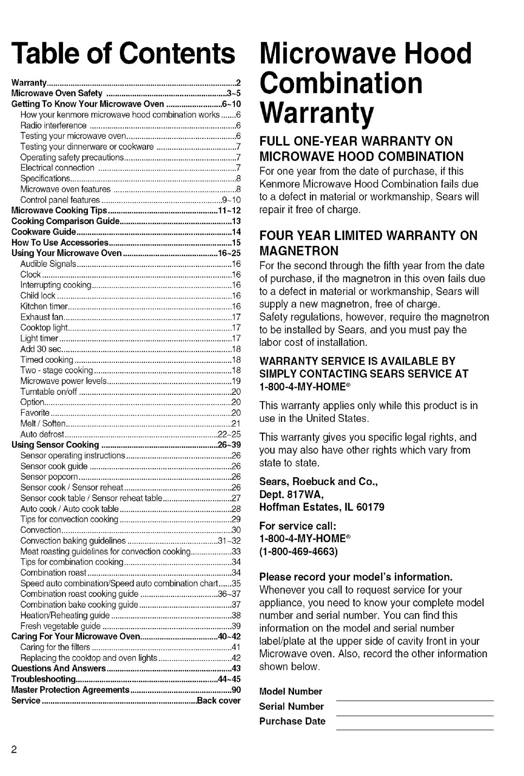 Kenmore 721.80822, 721.80824, 721.80823, 721.80829 manual Microwave Hood Combination Warranty 