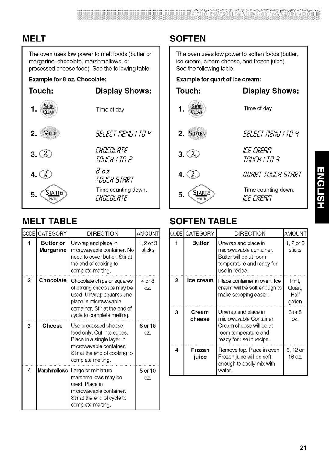 Kenmore 721.80823, 721.80824, 721.80822, 721.80829 manual Melt Table, Soften Table 