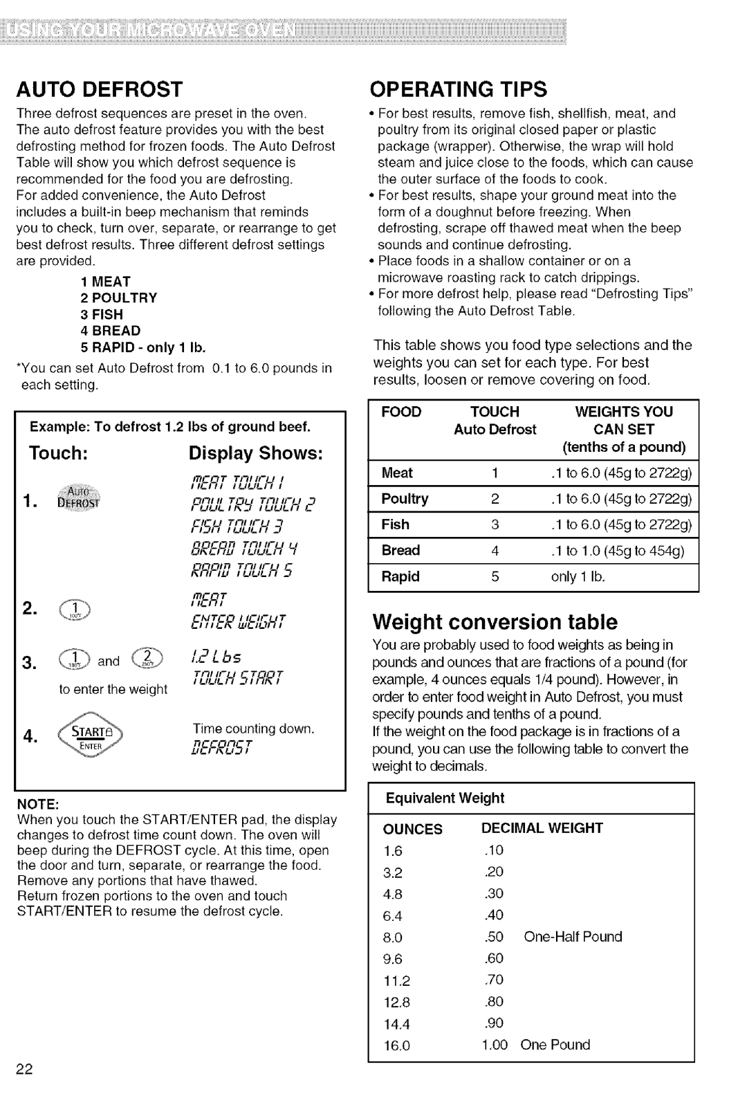 Kenmore 721.80822, 721.80824, 721.80823, 721.80829 manual Auto Defrost, Operating Tips, 16.0 1.00 One Pound 