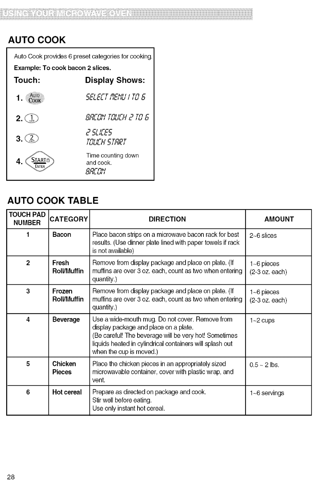 Kenmore 721.80824 manual Auto Cook Table, Category Direction, Fresh Roll/Muffin Frozen Roll/Muffin Beverage, Hot cereal 