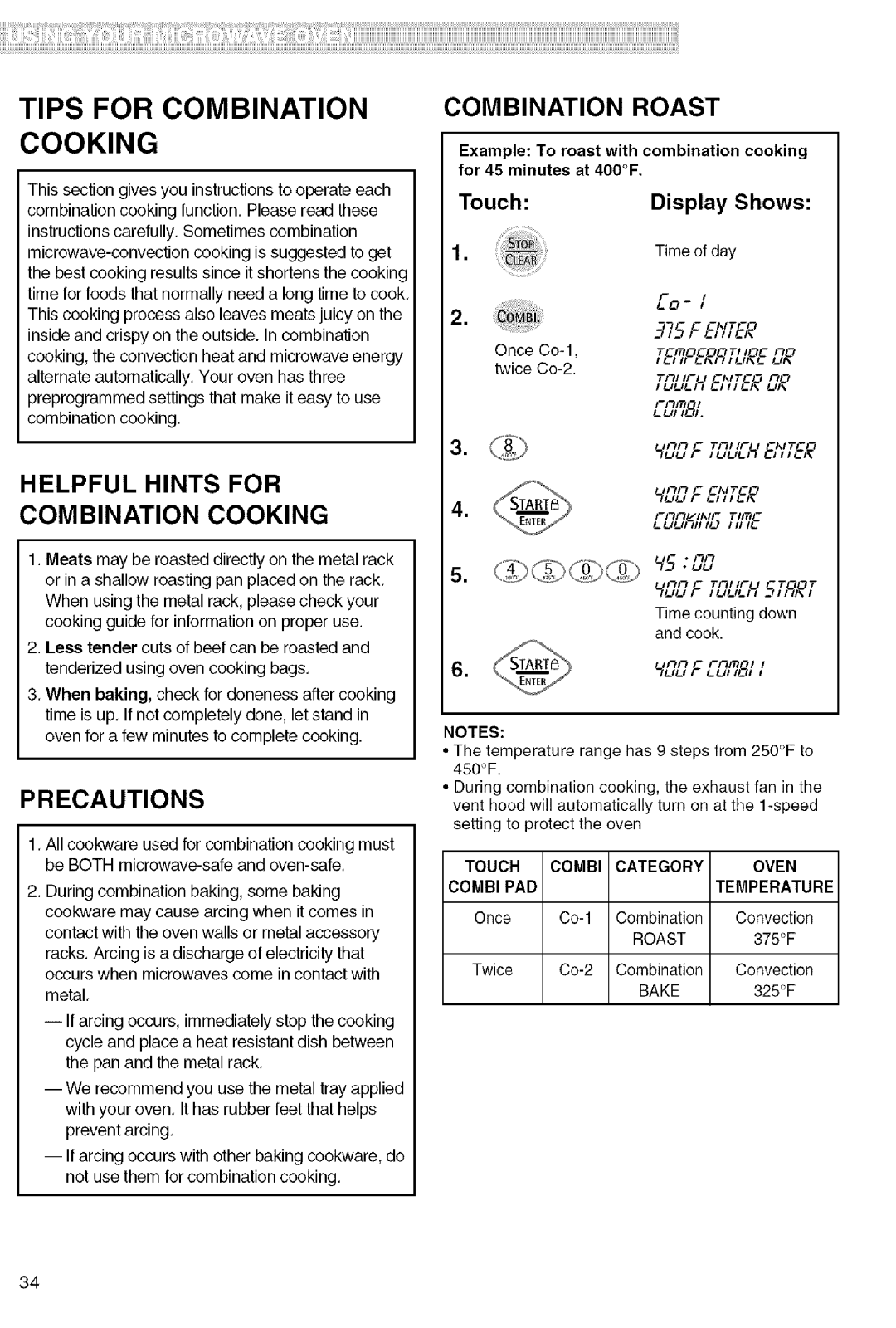 Kenmore 721.80822 manual Helpful Hints for Combination Cooking, Combination Roast, Touch Combi Category Oven, Roast 375F 