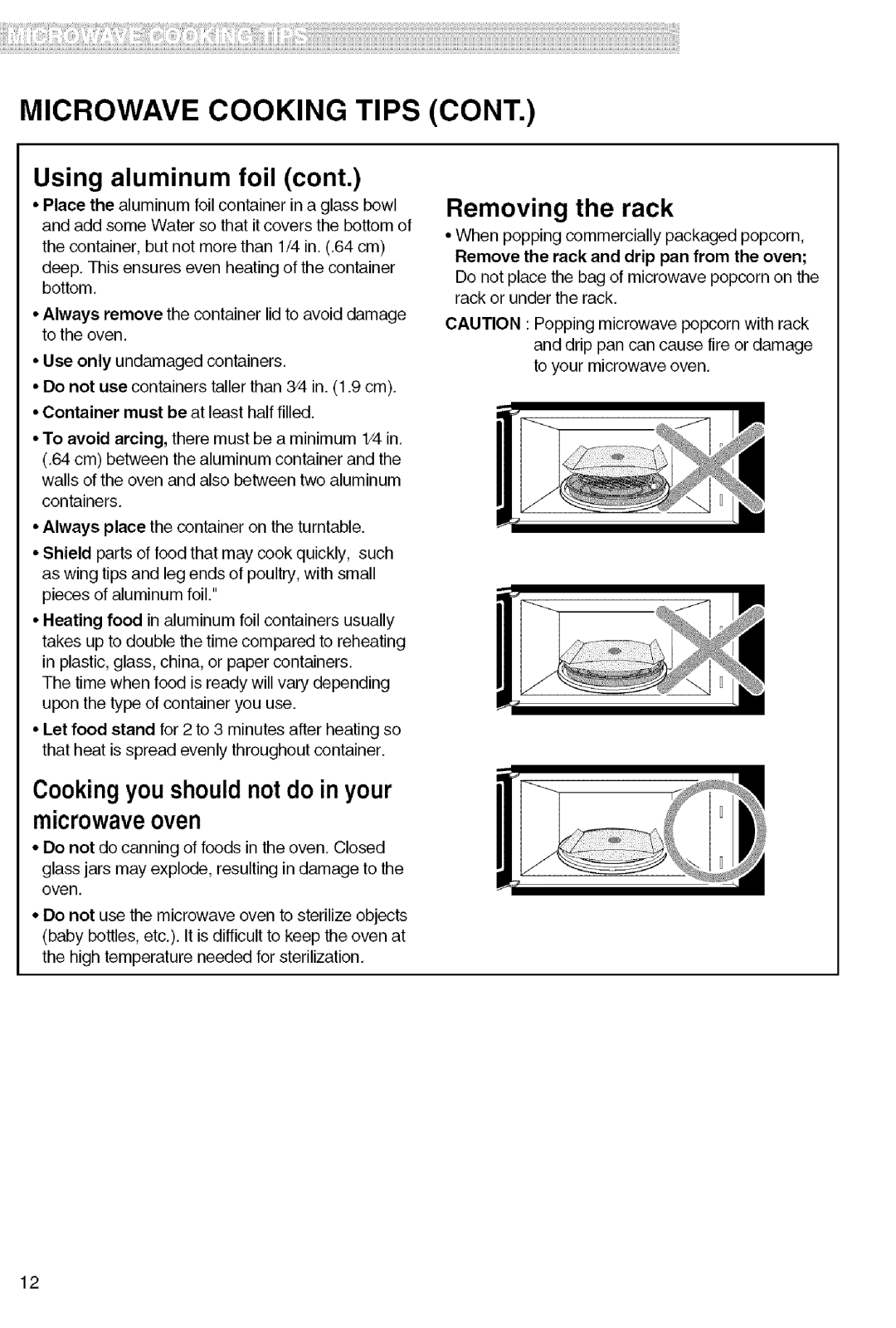 Kenmore 721.80824 manual iiiiiiiil, Microwave Cooking Tips Cont, Removing the rack, microwaveoven, Using aluminum foil cont 