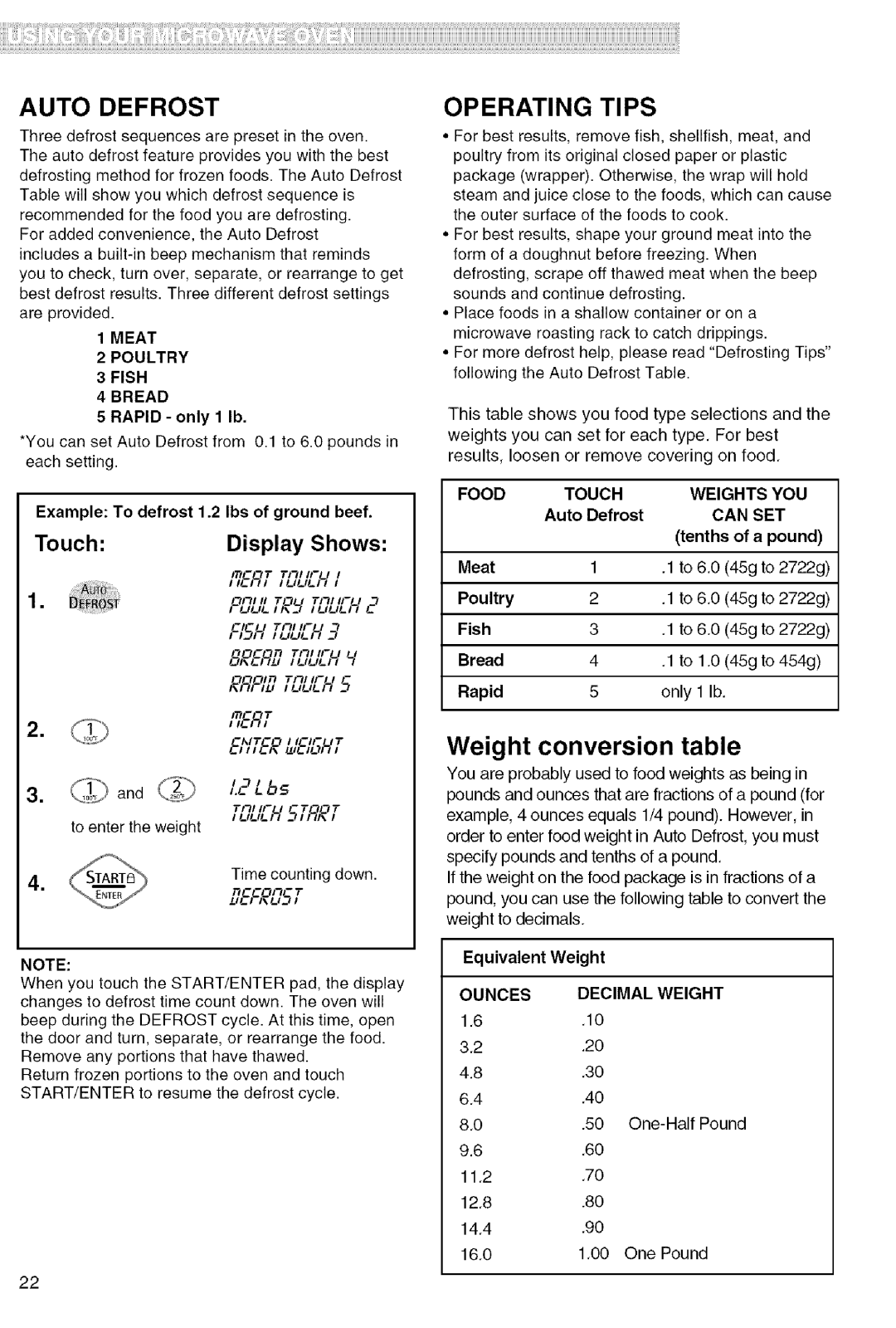 Kenmore 721.80822 Weight conversion table, Auto Defrost, Operating Tips, Display Shows, _&qTT, 81&.CRfl 7U, -,£, flE-RT 