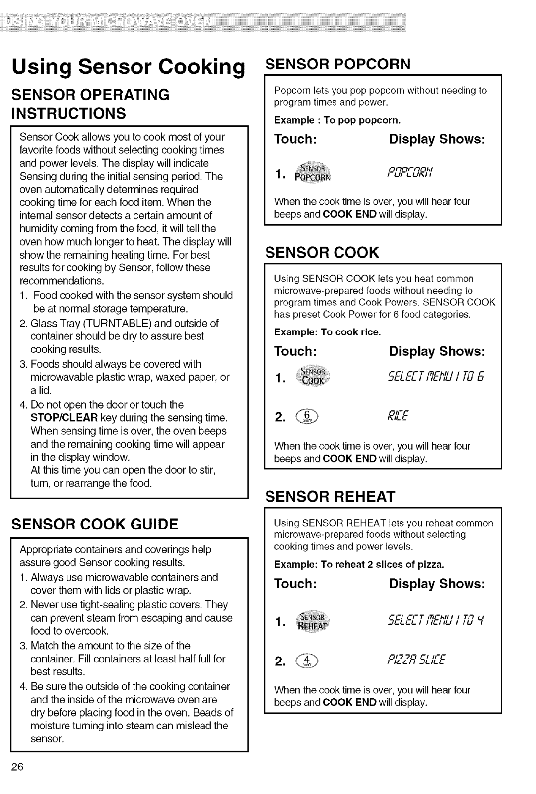Kenmore 721.80822 Sensor Operating Instructions, Sensor Cook Guide, Sensor Popcorn, Sensor Reheat, I L, Touch, Display 