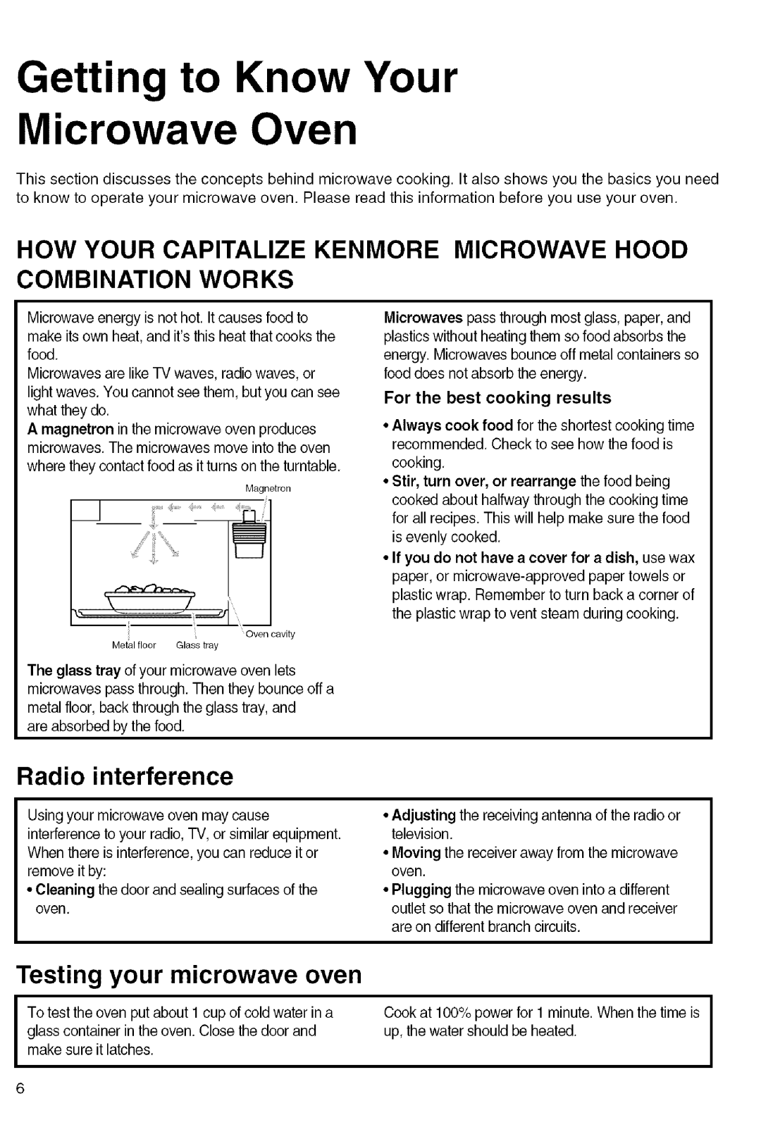 Kenmore 721.80822, 721.80824, 721.80823 Testing your microwave oven, Radio interference, Gettin to Know Your Microwave Oven 