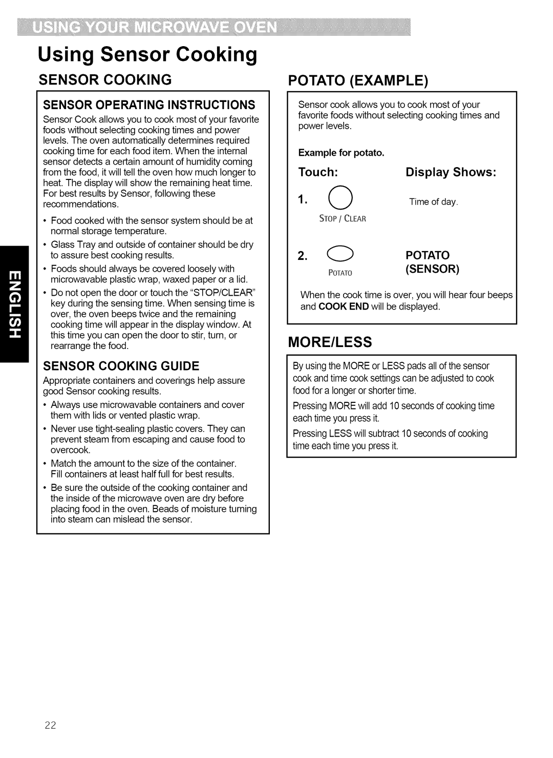 Kenmore 721.80862, 721.80864, 721.80863, 721.80869 manual Sensor Cooking, Potato Example, More/Less, Example for potato 