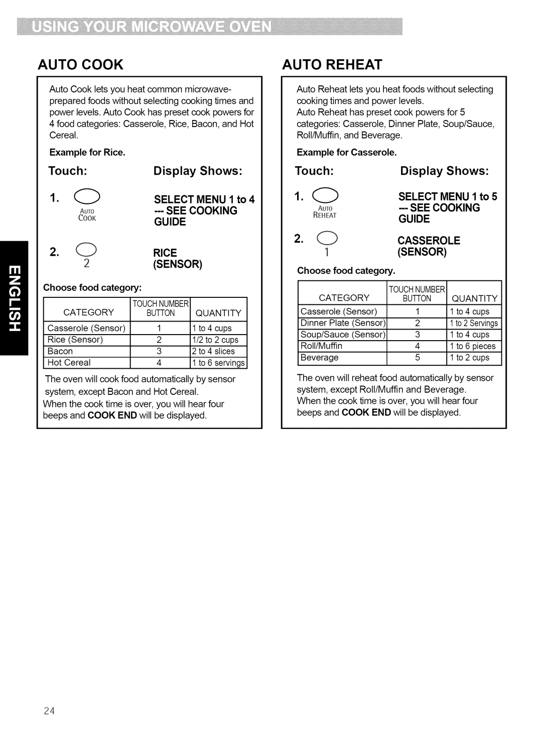 Kenmore 721.80864, 721.80863, 721.80862, 721.80869 manual Auto Cook, Auto Reheat, See Cooking, Guide, Casserole 