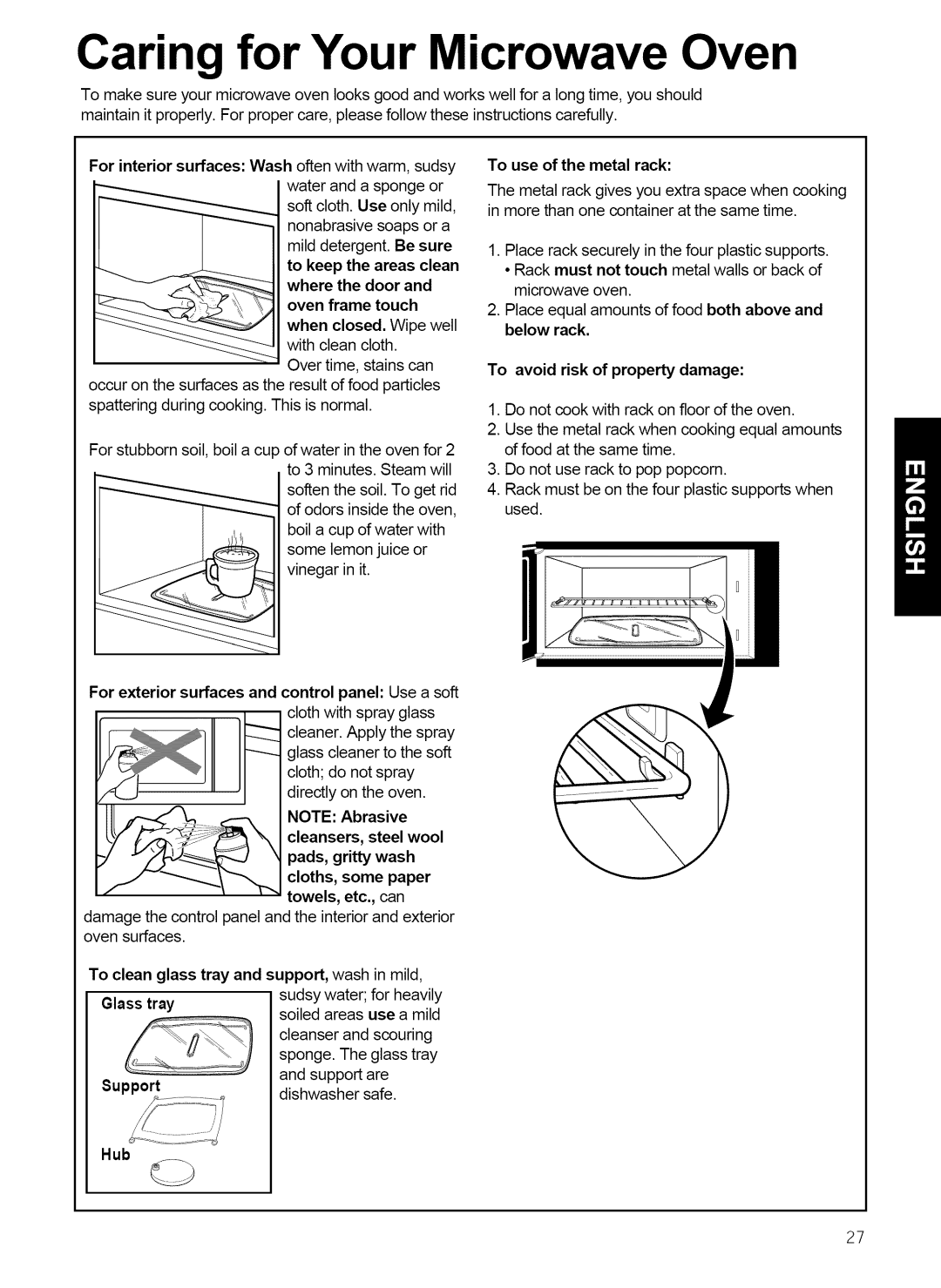 Kenmore 721.80869, 721.80864 manual Caring for Your Microwave Oven, Glass tray, Support, To avoid risk of property damage 