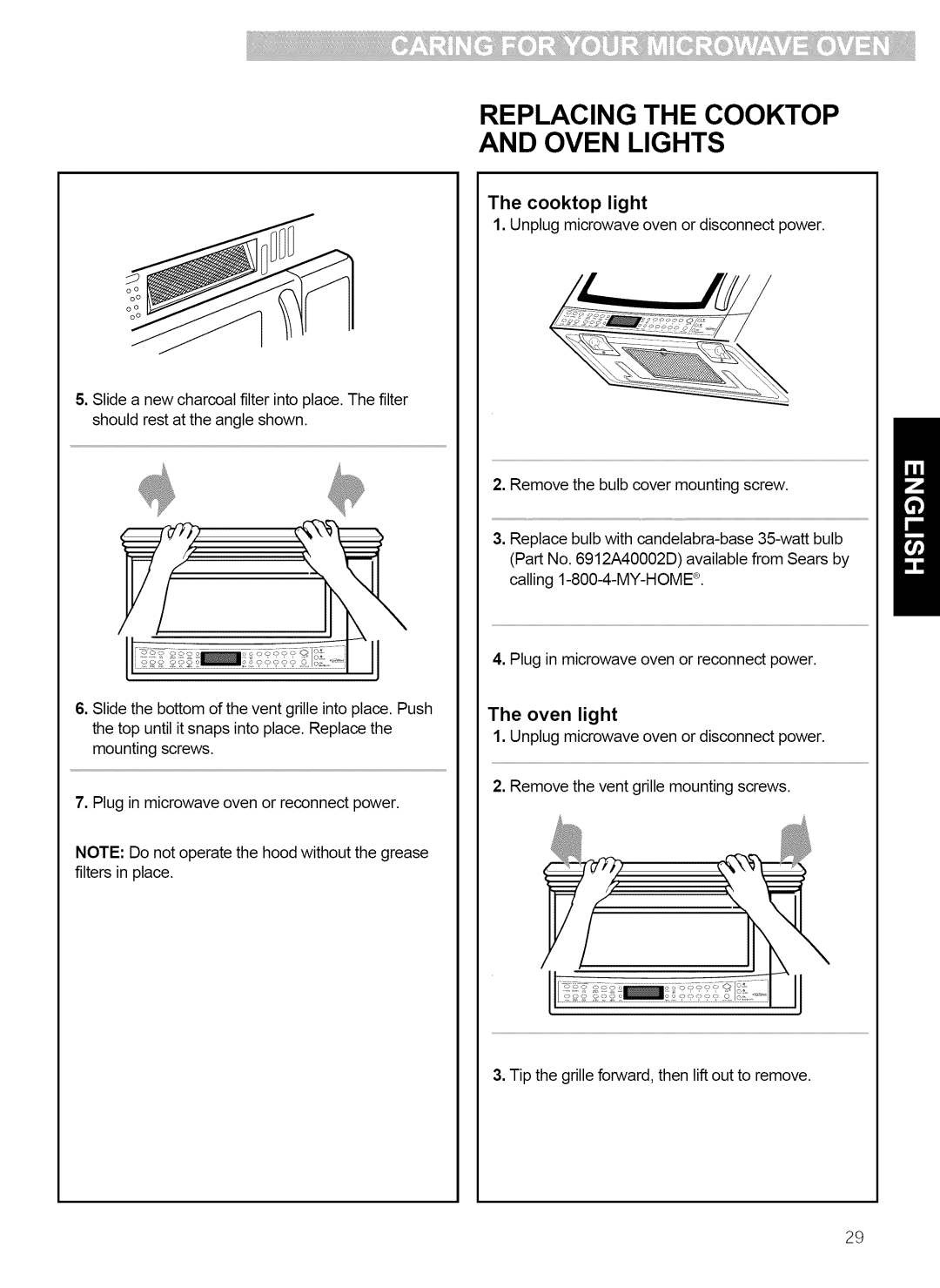 Kenmore 721.80863, 721.80864, 721.80862, 721.80869 manual Cooktop light, Unplug microwave oven or disconnect power, Oven light 