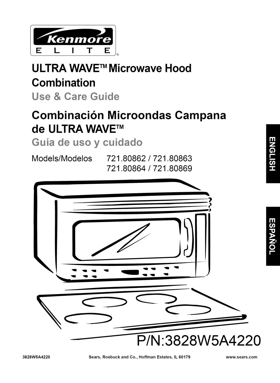 Kenmore 721.80863 manual ULTRA WAVE TMMicrowave Hood Combination, Combinacibn Microondas Campana de ULTRA WAVETM, E L I T 