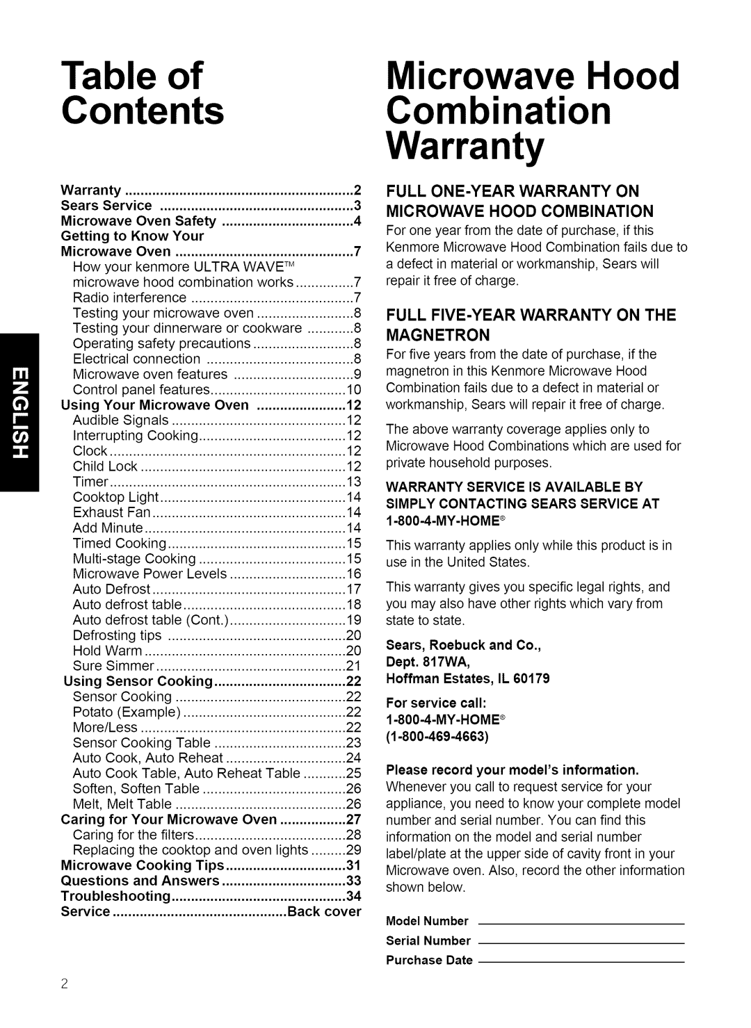 Kenmore 721.80862 manual Microwave Hood, Combination, Warranty, Table of, Contents, Full Five-Yearwarranty On The Magnetron 