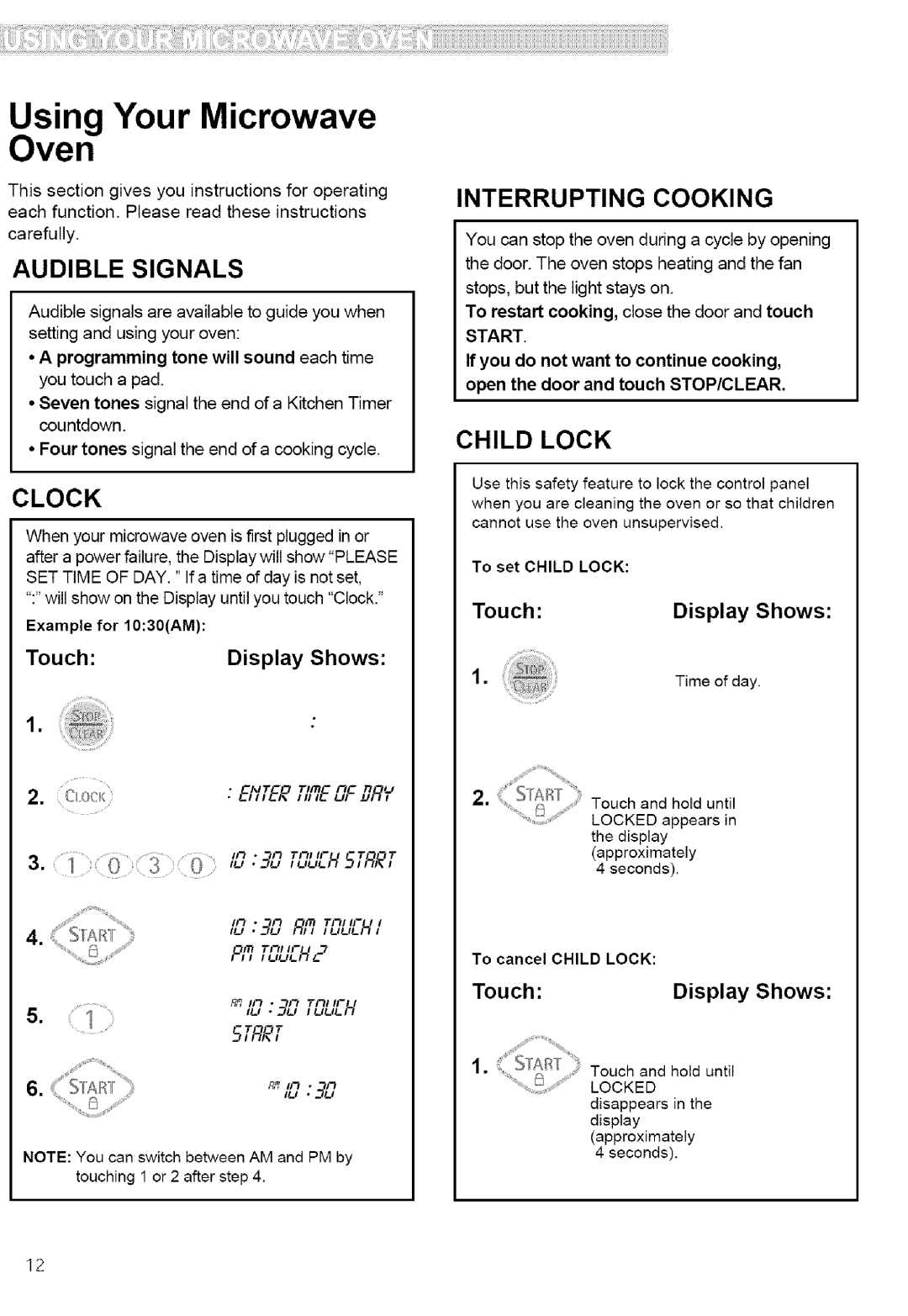 Kenmore 721.80889, 721.80882, 721.80883, 721.80884 Audible Signals, Interrupting Cooking, Child Lock, Touch Display Shows 