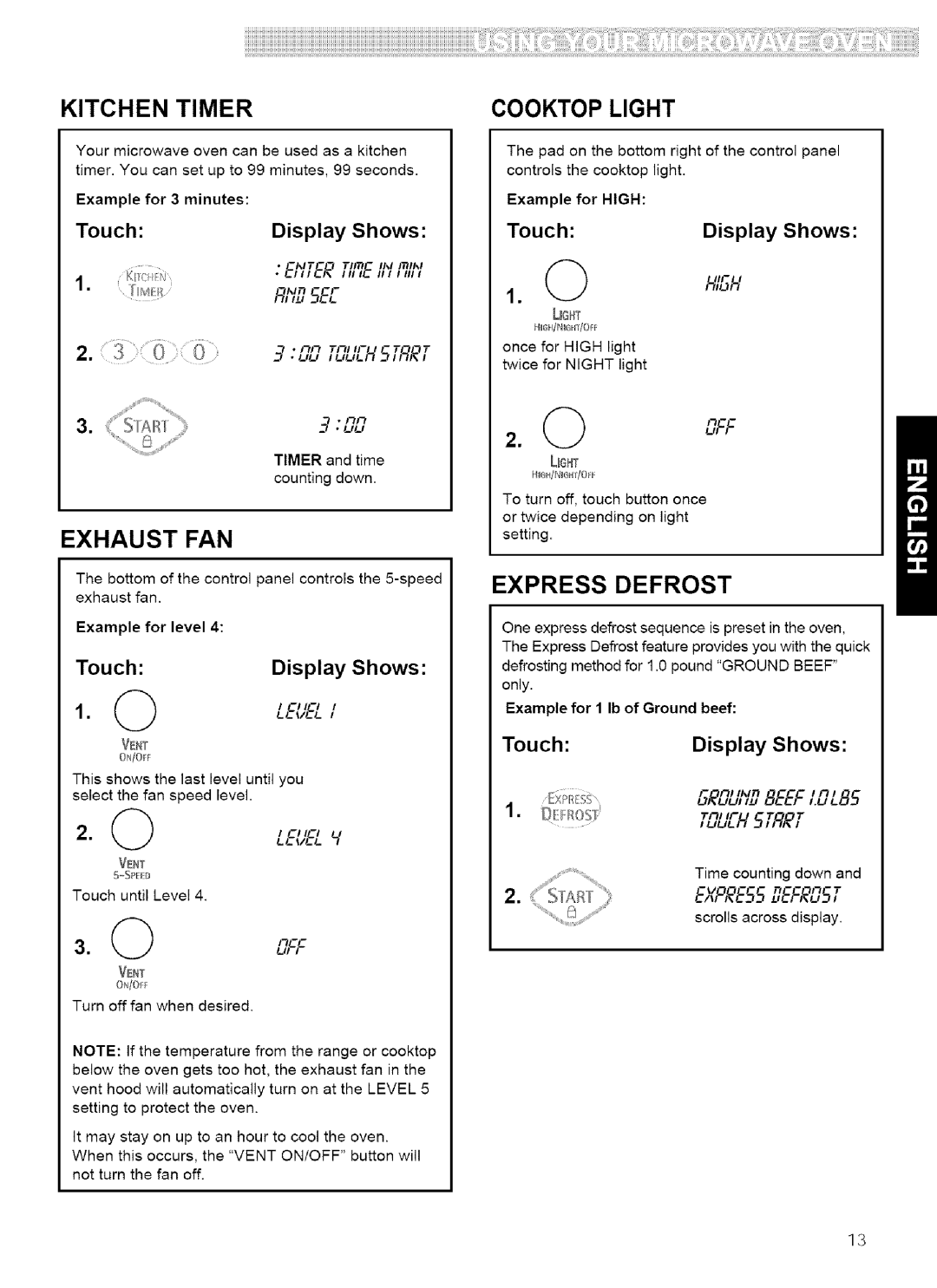 Kenmore 721.80882, 721.80889, 721.80883, 721.80884 manual Kitchen Timer, Exhaust FAN, Cooktop Light, Express Defrost, 0OFF 