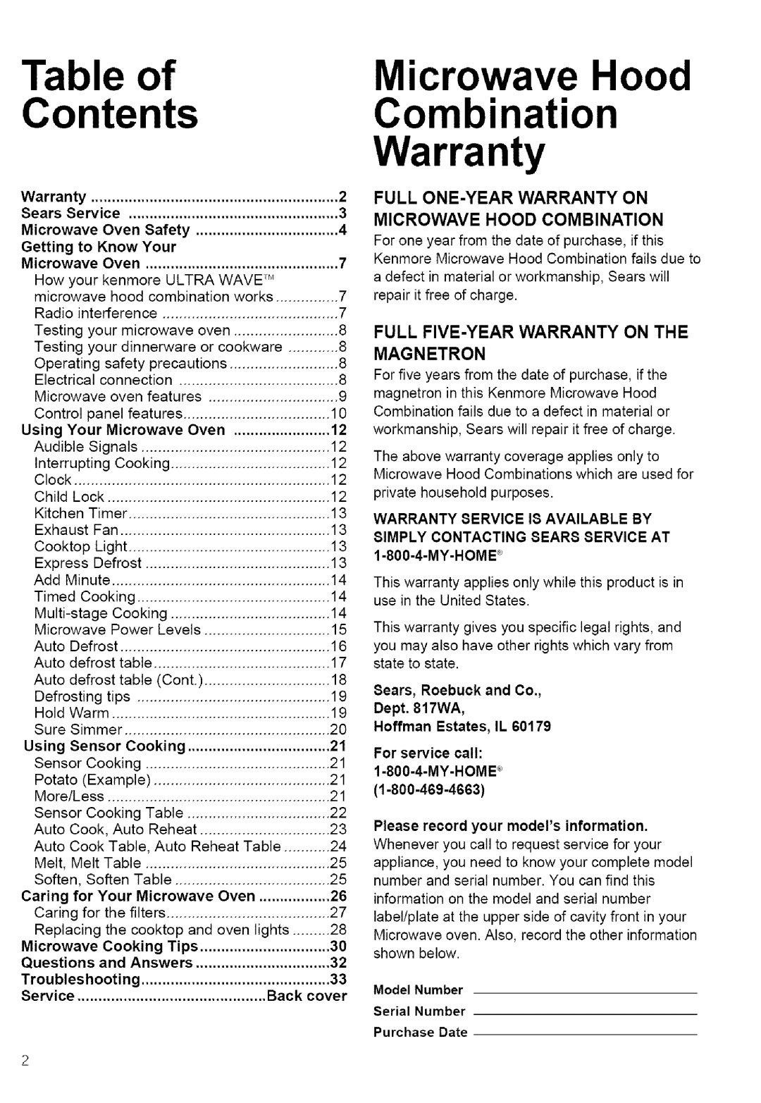 Kenmore 721.80883, 721.80889, 721.80882, 721.80884 manual Contents, Microwave Hood Combination Warranty 