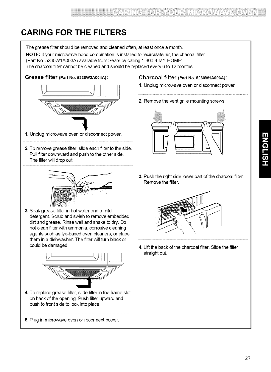 Kenmore 721.80884, 721.80889, 721.80882, 721.80883 manual Caring for the Filters 