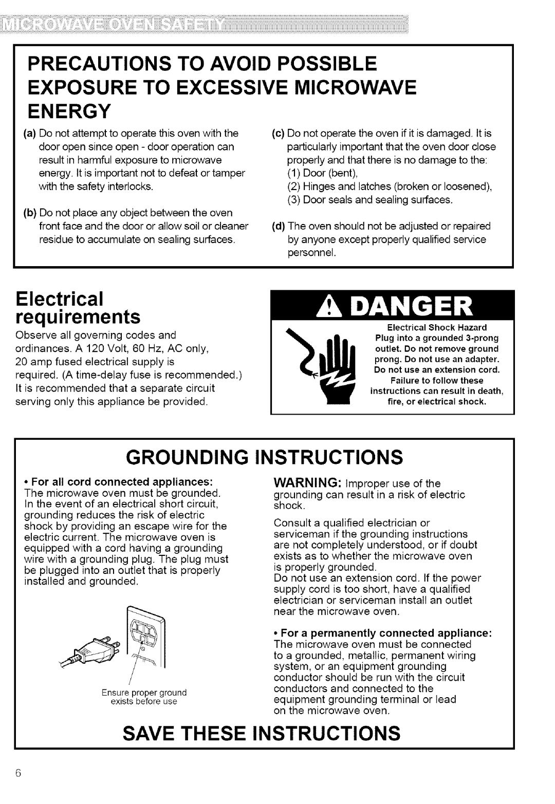 Kenmore 721.80883 manual Electrical requirements, Grounding Instructions, Precautions To Avoid Exposure To Excessive Energy 