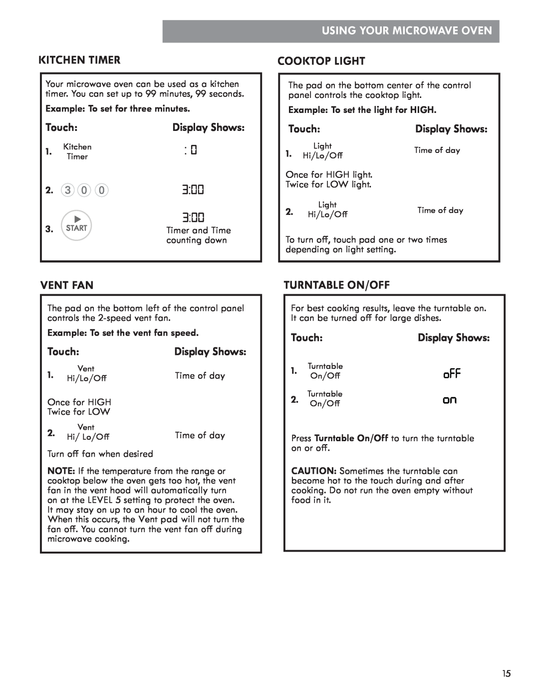 Kenmore 721.8502 manual Kitchen Timer, Using Your Microwave Oven, Cooktop Light, Vent Fan, Turntable On/Off, Touch 