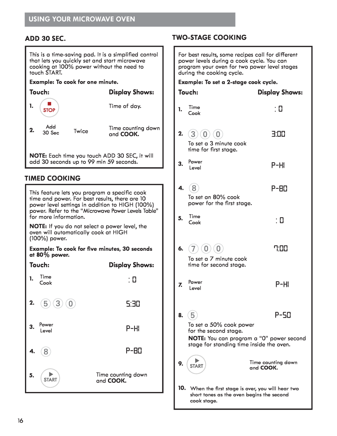 Kenmore 721.8502 manual ADD 30 SEC, Timed Cooking, Using Your Microwave Oven, Touch, Display Shows 