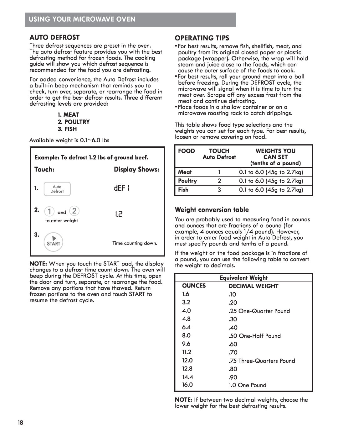 Kenmore 721.8502 manual Auto Defrost, Operating Tips, Weight conversion table, Using Your Microwave Oven, Touch 