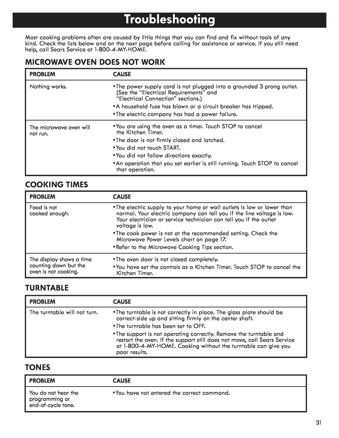 Kenmore 721.8502 manual Troubleshooting, Microwave Oven Does Not Work, Cooking Times, Turntable, Tones 