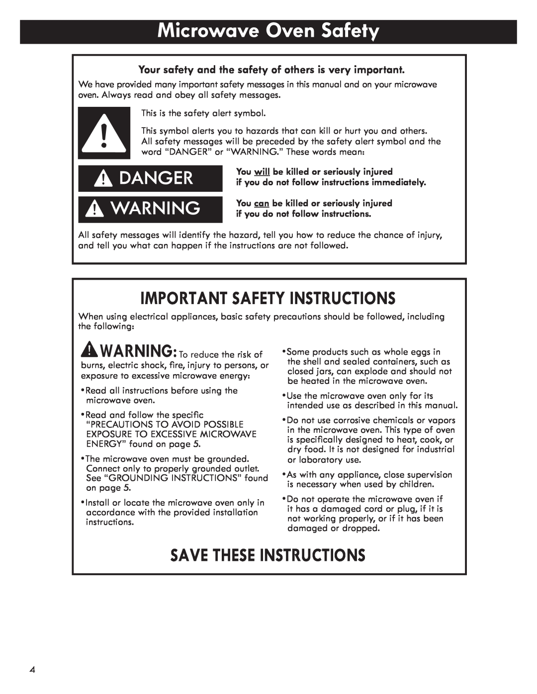 Kenmore 721.8502 manual Microwave Oven Safety, Danger, Important Safety Instructions, Save These Instructions 
