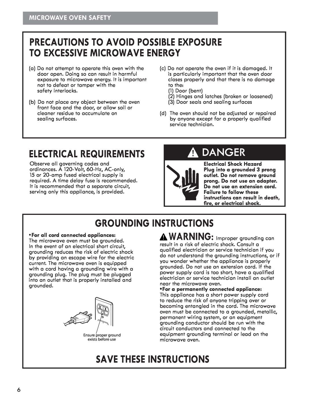 Kenmore 721.8502 Grounding Instructions, Danger, Save These Instructions, Electrical Requirements, Microwave Oven Safety 