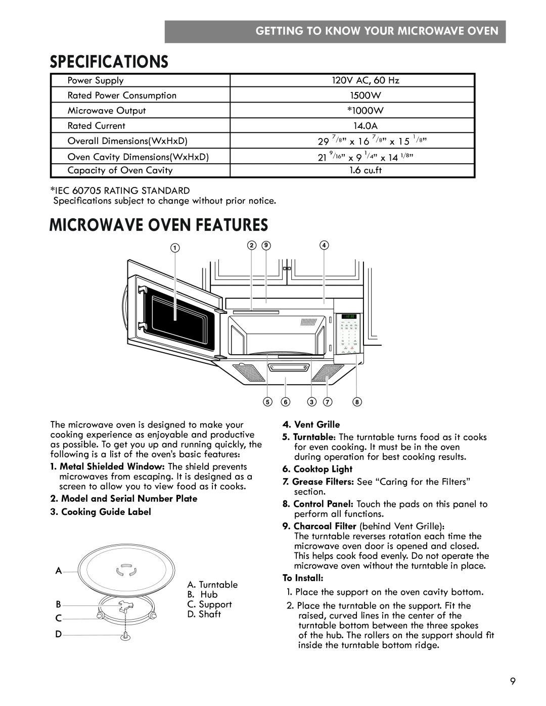 Kenmore 721.8502 manual Specifications, Microwave Oven Features, Getting To Know Your Microwave Oven 