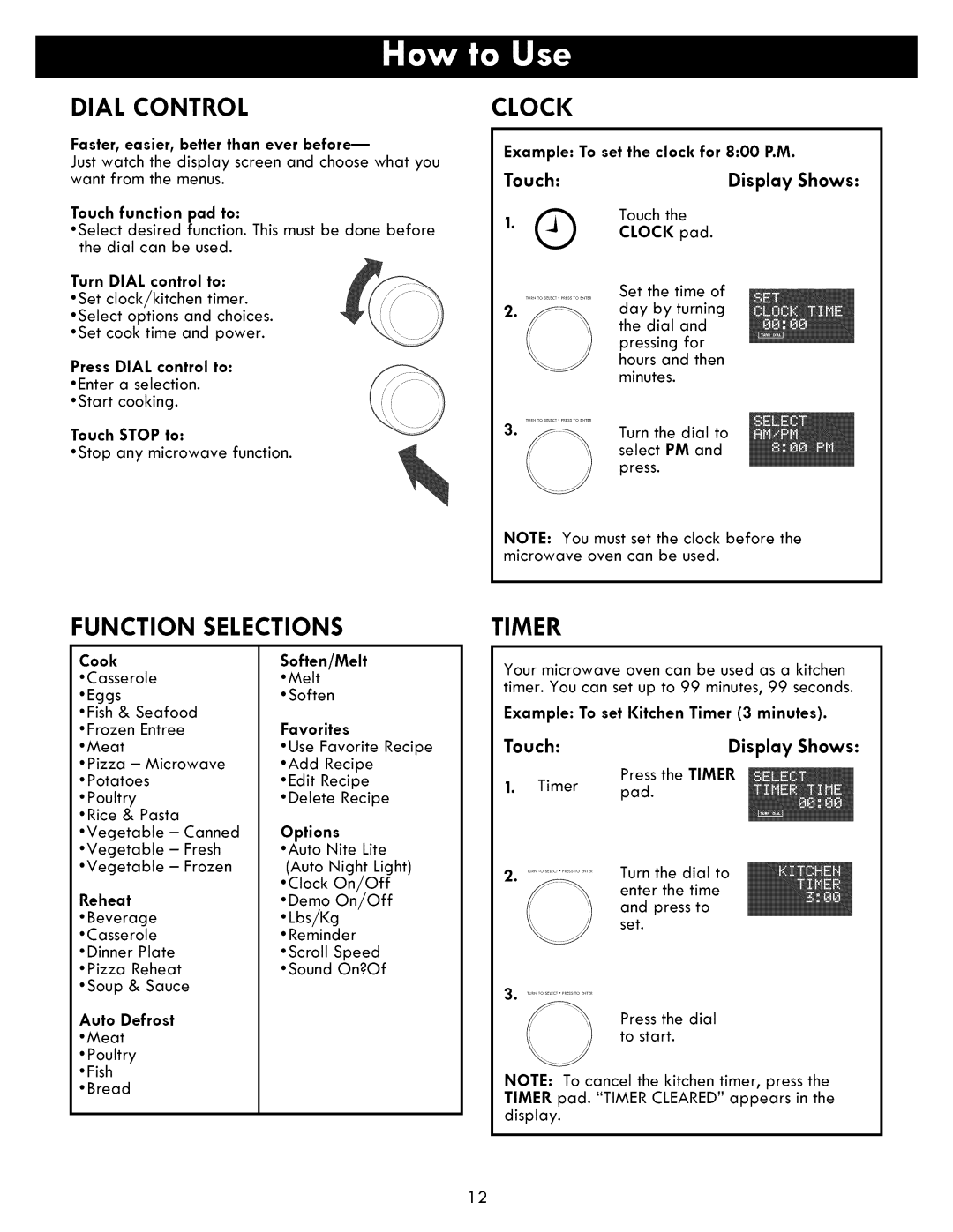 Kenmore 721.86009, 721.86002, 721.86003 manual Dial Control, Clock, Function Selections, Timer 