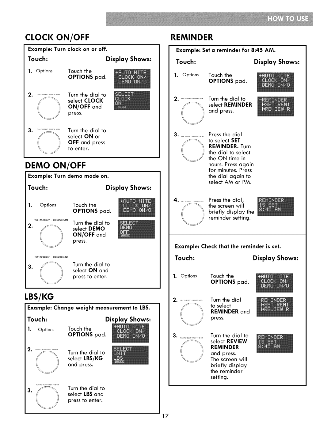 Kenmore 721.86003, 721.86009, 721.86002 manual Clock ON/OFF, Demo ON/OFF, Reminder 