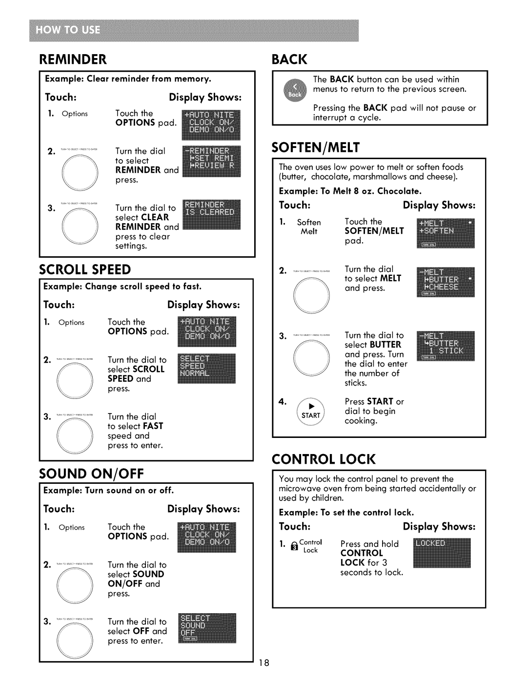 Kenmore 721.86009, 721.86002, 721.86003 manual Scroll Speed, Sound ON/OFF, Back, Soften/Melt, Control Loci 