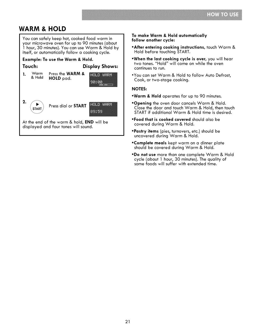 Kenmore 721.86009, 721.86002, 721.86003 manual Example To use the Warm & Hold 