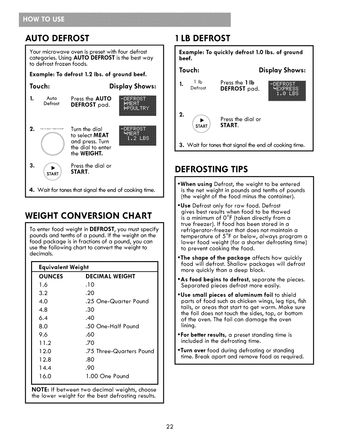 Kenmore 721.86002, 721.86009, 721.86003 manual Auto Defrost, Weight Conversion Chart, LB Defrost, Defrosting Tips 