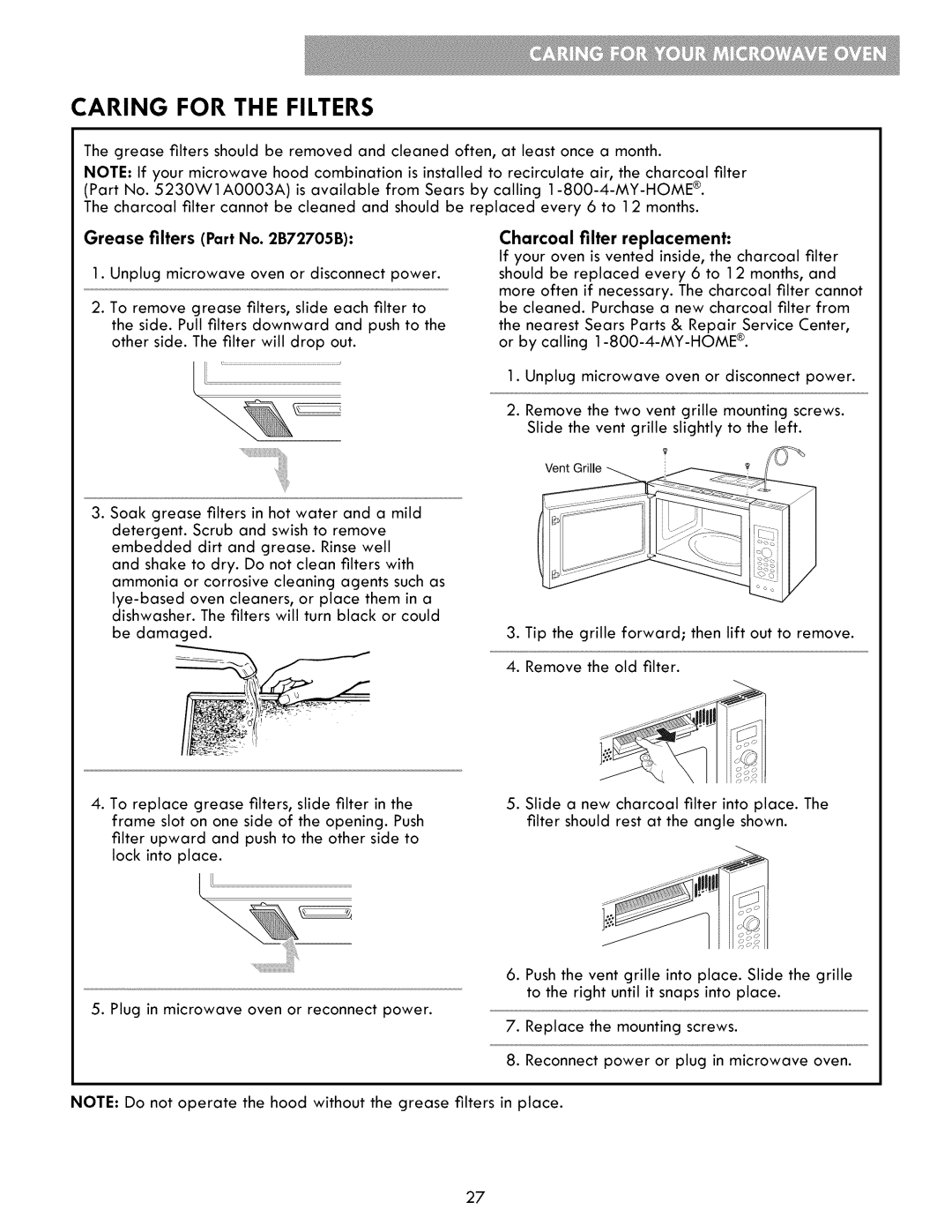 Kenmore 721.86009, 721.86002, 721.86003 manual Caring for the Filters, Grease filters Part No B72705B 