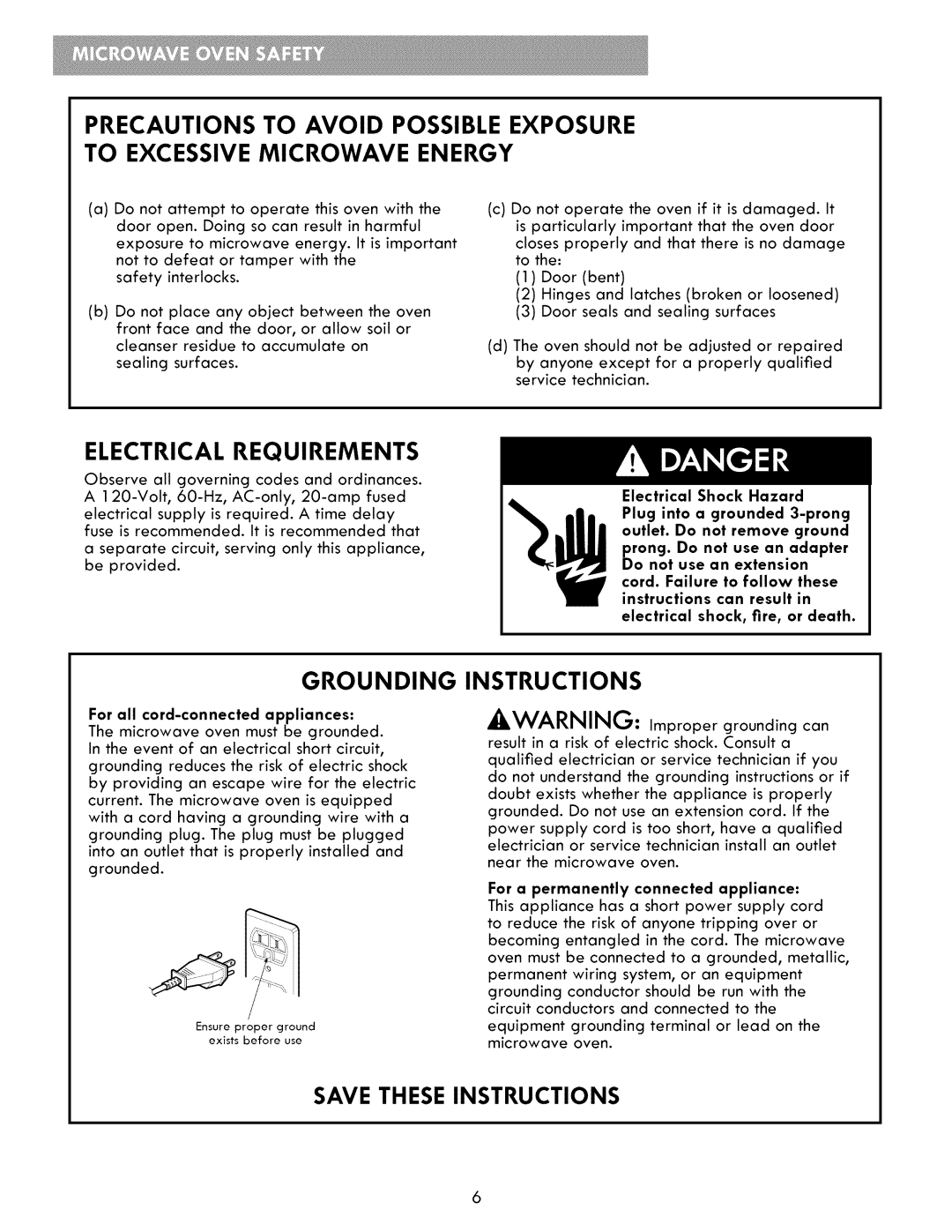 Kenmore 721.86009, 721.86002, 721.86003 Electrical Requirements, Grounding Instructions, For all cord-connected appliances 