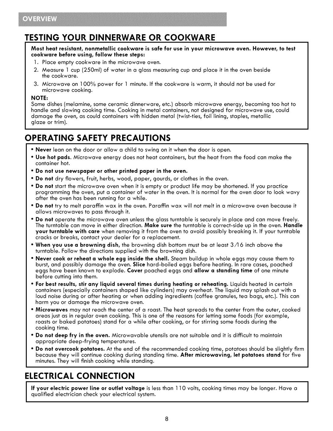 Kenmore 721.86003, 721.86009, 721.86002 manual Operating Safety Precautions, Electrical Connection 