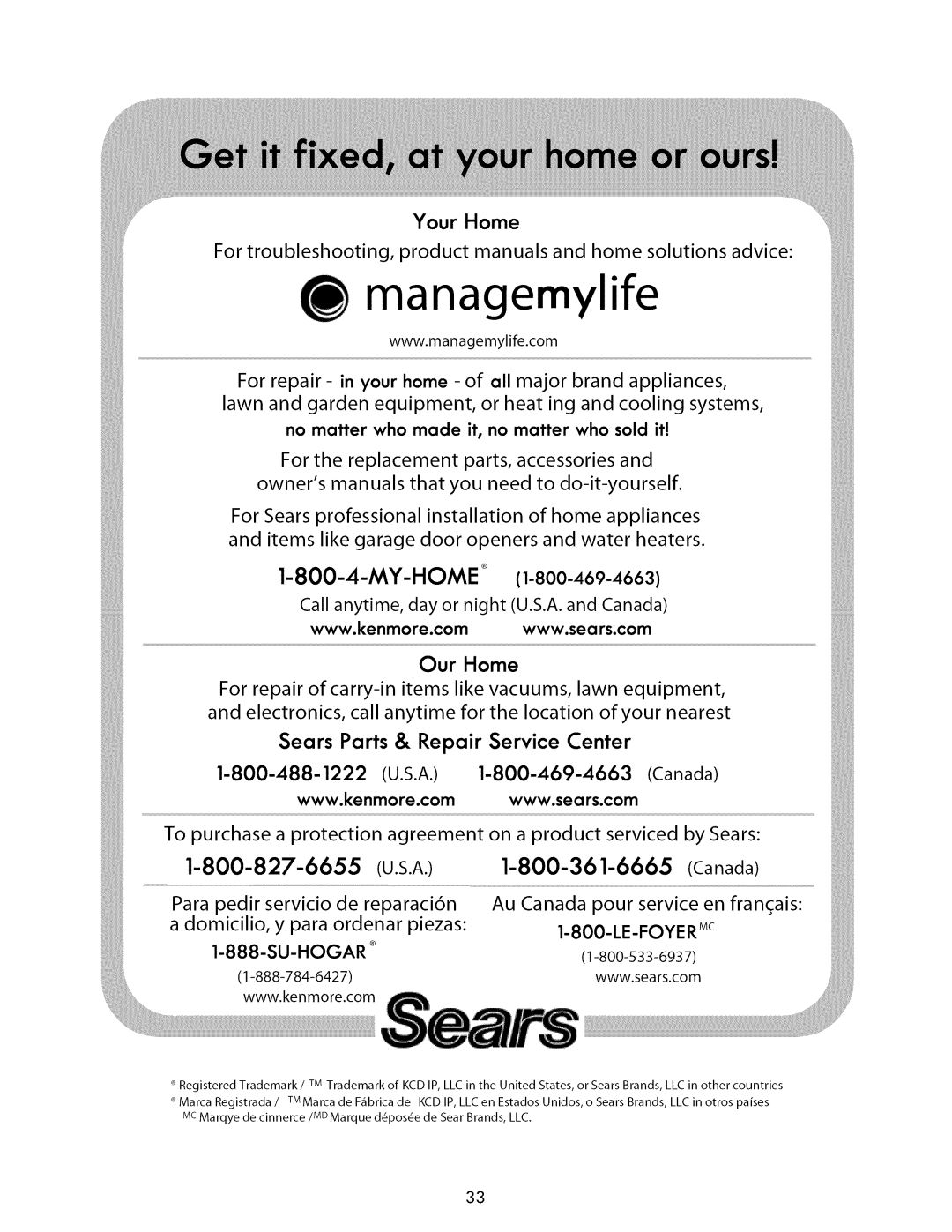 Kenmore 721.86009, 721.86002, 721.86003 manual Our Home, Sears Parts & Repair Service Center, managemylife 