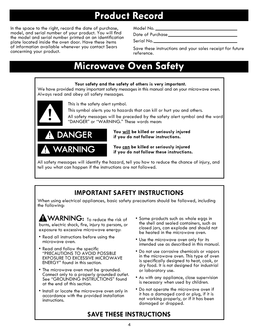 Kenmore 721.86002, 721.86009, 721.86003 manual Important Safety Instructions, Save These Instructions 