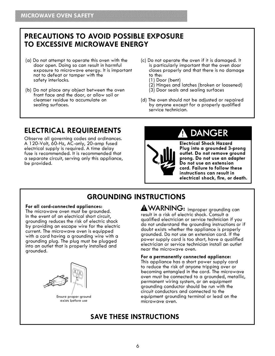 Kenmore 721.86009 manual Electrical Requirements, Grounding Instructions, Save These Instructions, Electrical Shock Hazard 