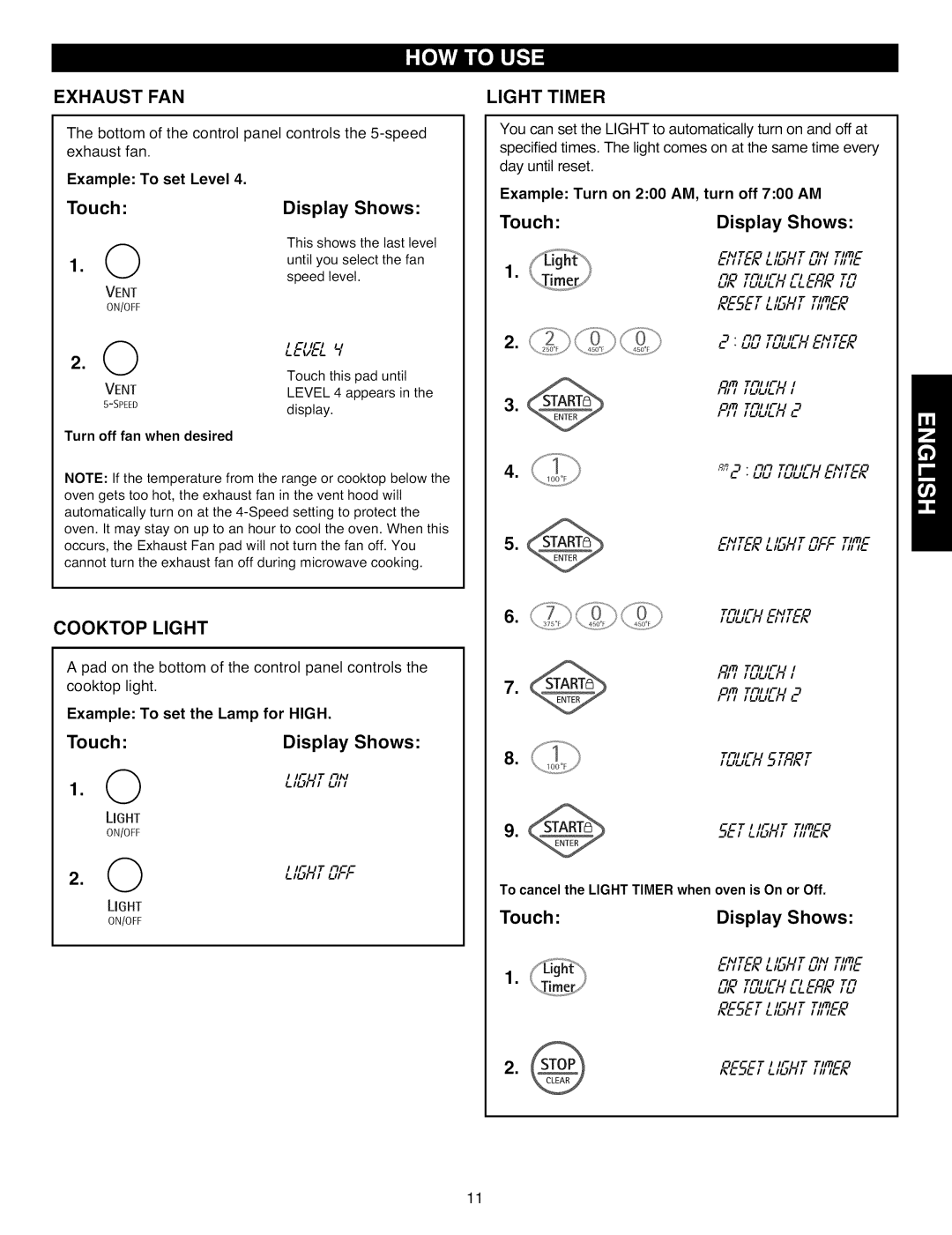 Kenmore 721.88513, 721.88519, 721.88512 manual Exhaust FAN, Cooktop Light, Touch Display Shows, Light Timer, L. Ll 