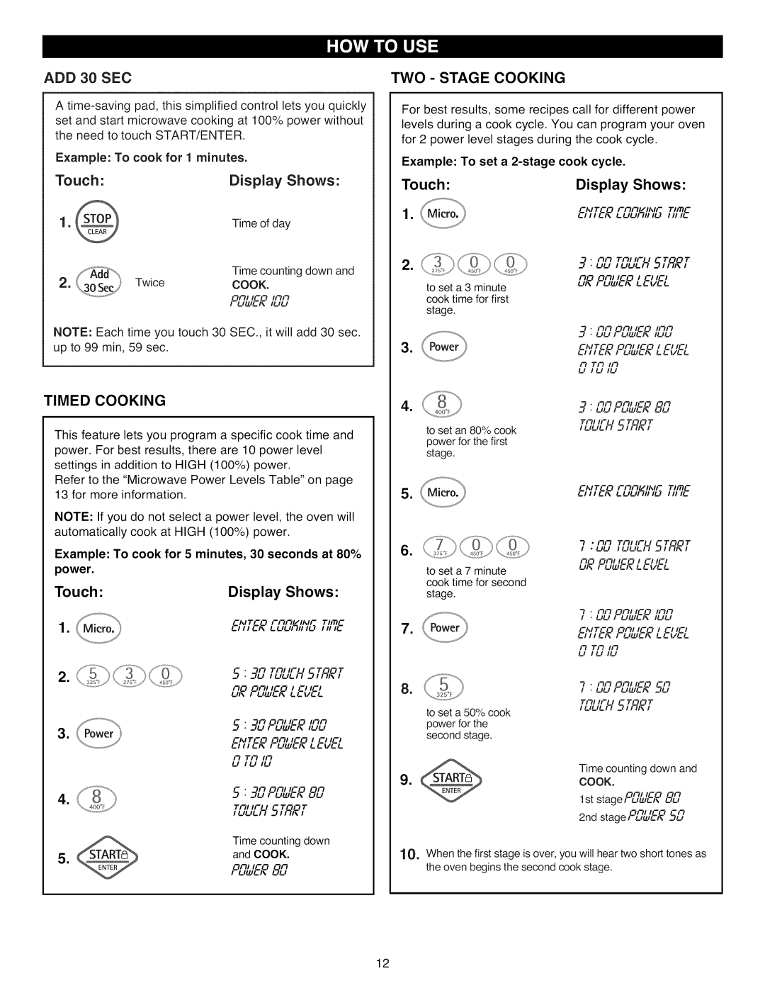 Kenmore 721.88519, 721.88512, 721.88513 manual ADD 30 SEC, TWO Stage Cooking, Timed Cooking, JMicro.il 