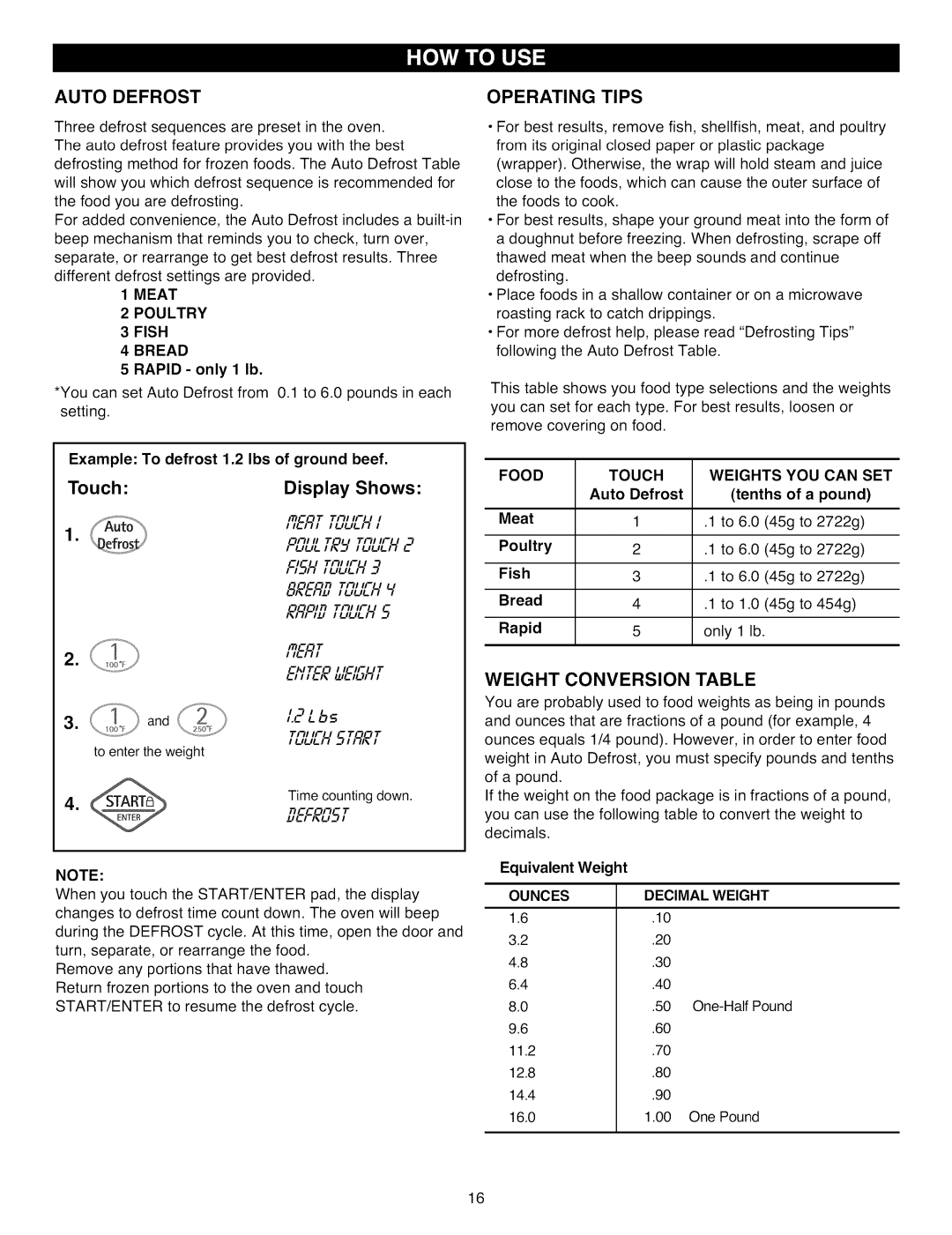 Kenmore 721.88512, 721.88519, 721.88513 manual Auto Defrost, Operating Tips, Weight Conversion Table 