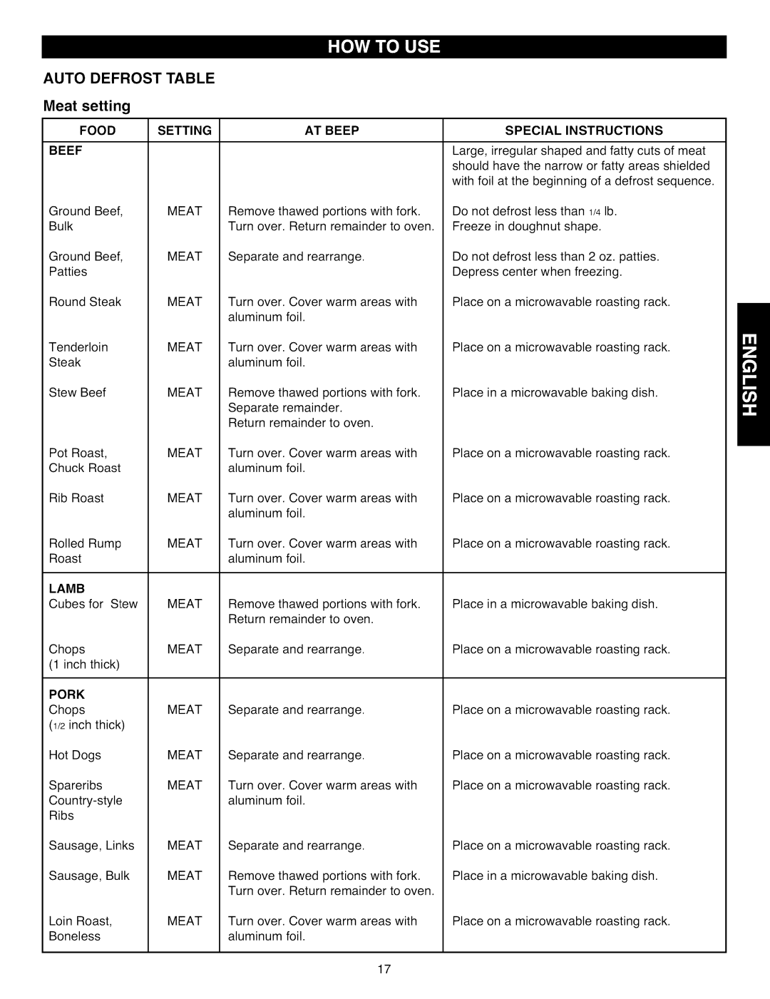 Kenmore 721.88513, 721.88519 Auto Defrost Table, Meat setting, Food Setting AT Beep Beef Special Instructions, Lamb, Pork 