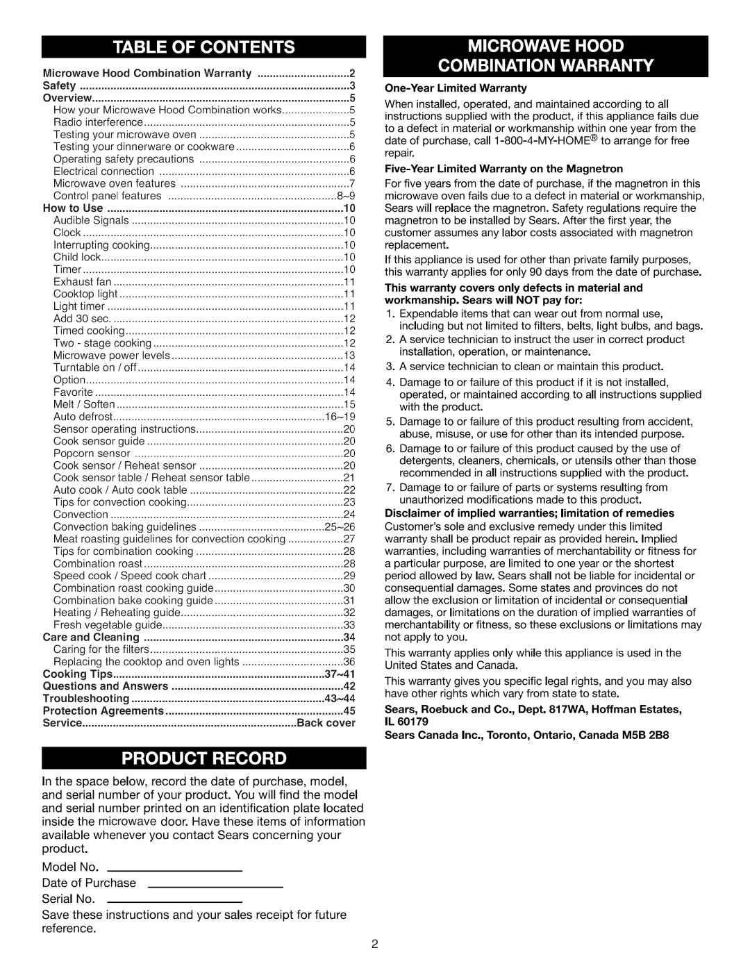 Kenmore 721.88513, 721.88519, 721.88512 manual Protection, Five-Year Limited Warranty on the Magnetron 