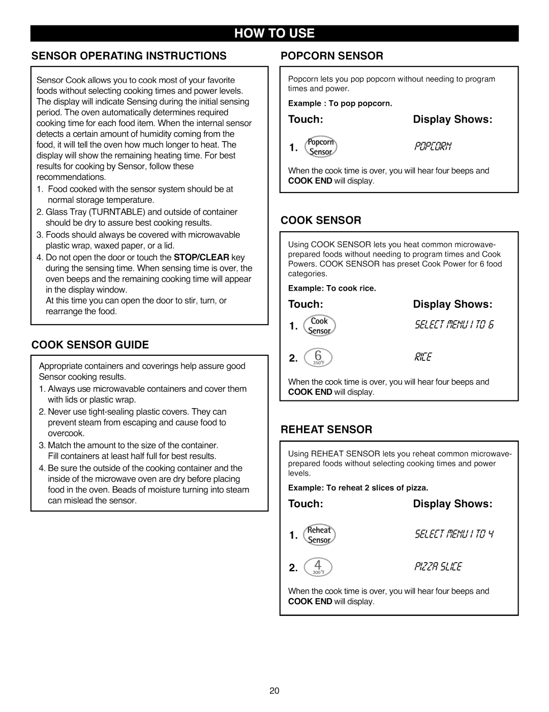 Kenmore 721.88513, 721.88519, 721.88512 Sensor Operating Instructions, Cook Sensor Guide, Popcorn Sensor, Reheat Sensor 