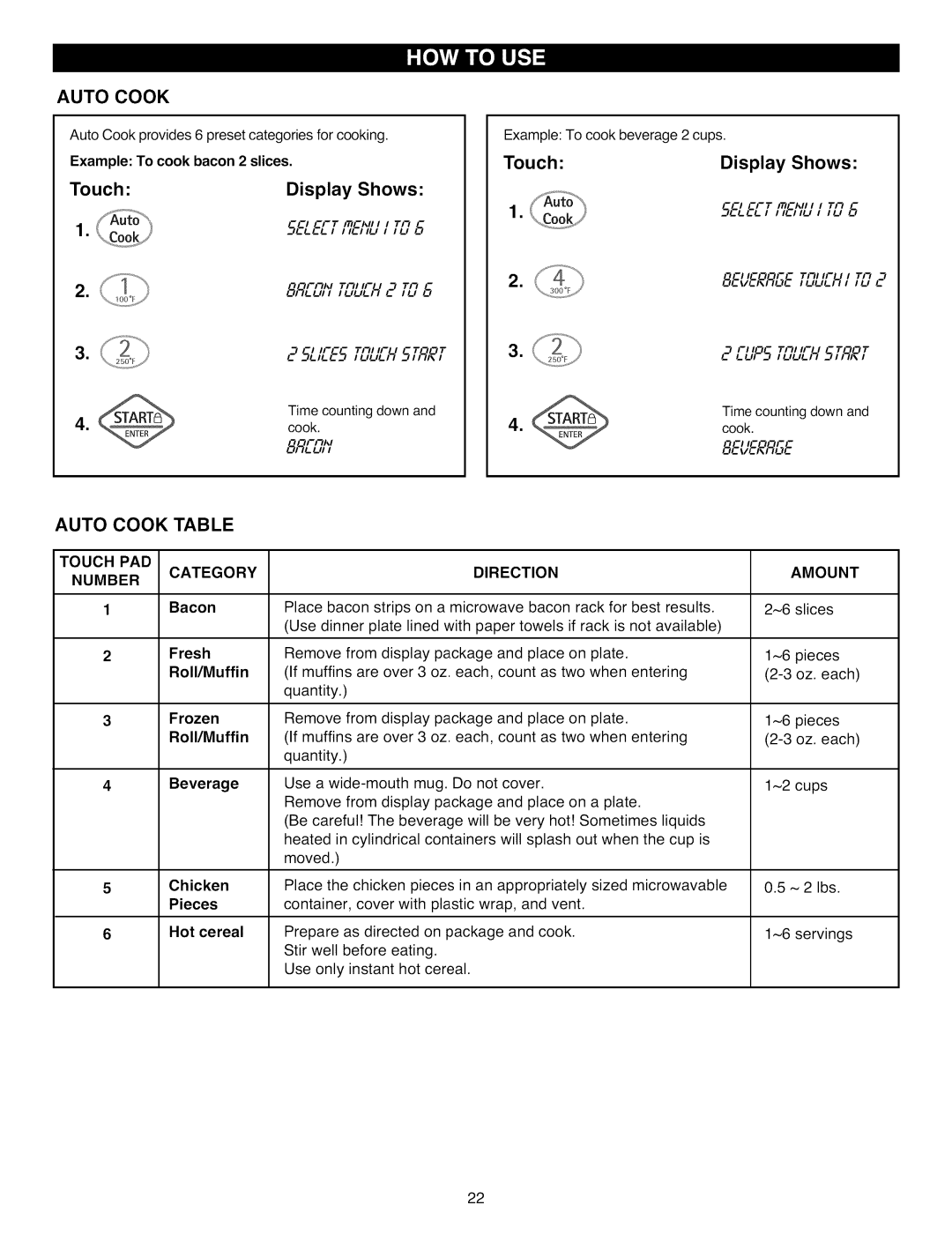 Kenmore 721.88512, 721.88519, 721.88513 manual Auto Cook Table, Touch PAD Number Category, Direction Amount 