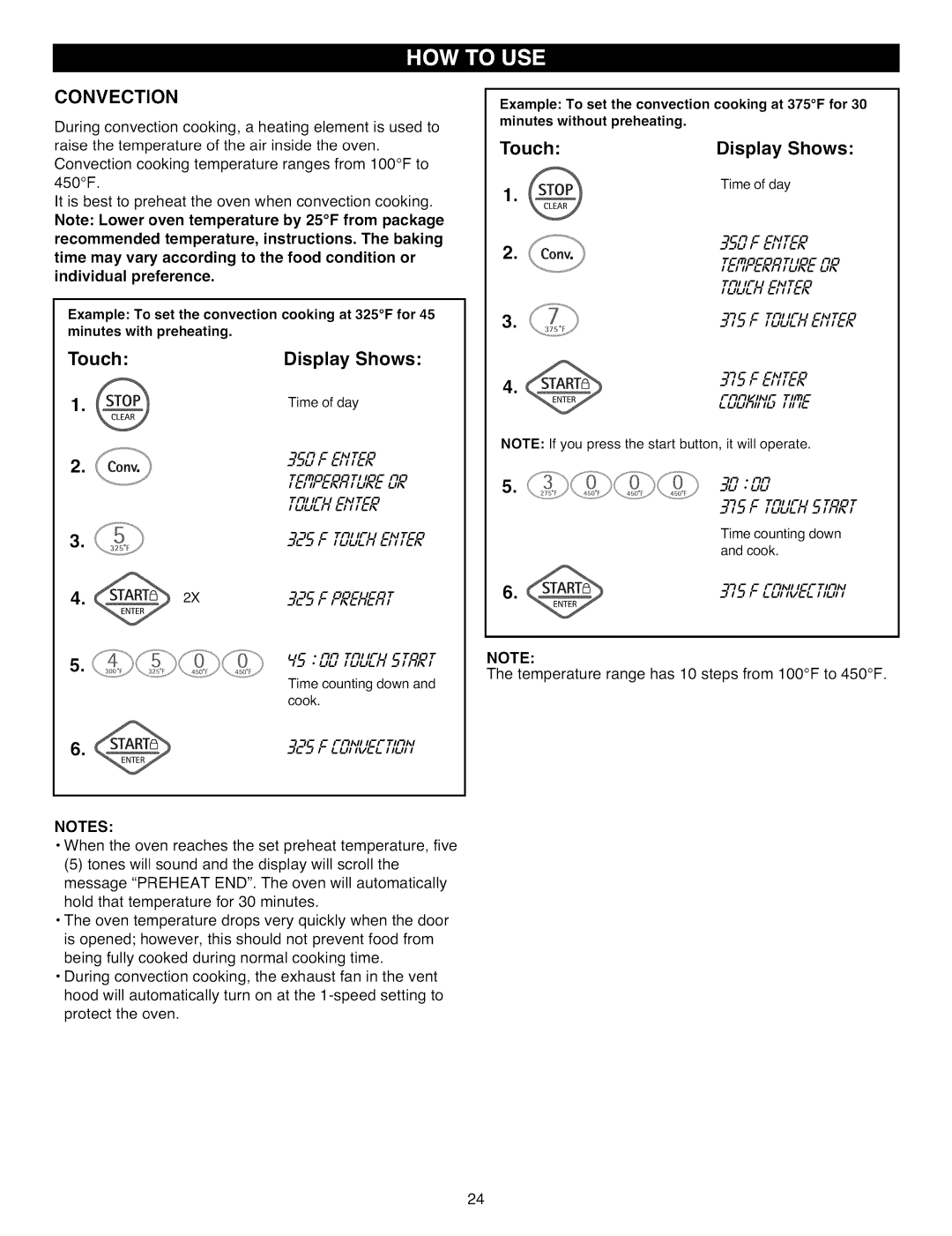 Kenmore 721.88519, 721.88512, 721.88513 Convection, Cnl JL, r., , , r, Example To set the convection cooking at 375F for 